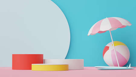 3d render of Abstract minimal  display podium for showing products or cosmetic presentation with summer beach scene. Summer time season for vacation concept.の写真素材