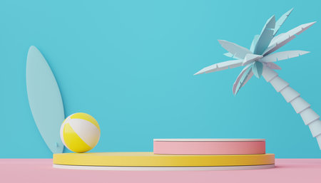 3d render of Abstract minimal  display podium for showing products or cosmetic presentation with summer beach scene. Summer time season for vacation concept.の写真素材