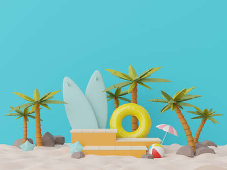 3d render of Abstract minimal  display podium for showing products or cosmetic presentation with summer beach scene. Summer time season for vacation concept.の写真素材
