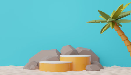 3d render of Abstract minimal  display podium for showing products or cosmetic presentation with summer beach scene. Summer time season for vacation concept.の写真素材