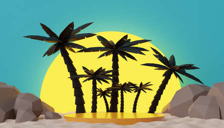 3d render of Abstract minimal  display podium for showing products or cosmetic presentation with summer beach scene. Summer time season for vacation concept.の写真素材