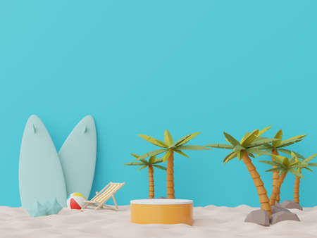3d render of Abstract minimal  display podium for showing products or cosmetic presentation with summer beach scene. Summer time season for vacation concept.の写真素材