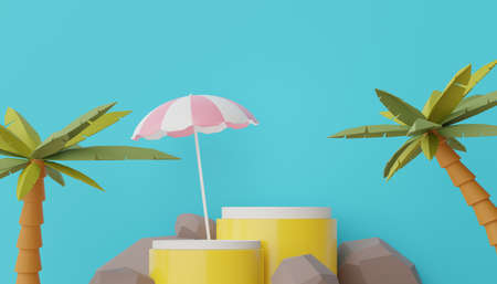 3d render of Abstract minimal  display podium for showing products or cosmetic presentation with summer beach scene. Summer time season for vacation concept.の写真素材
