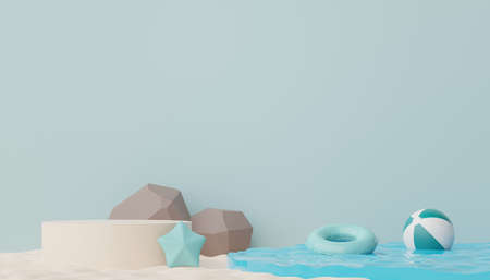 3d render of Abstract minimal  display podium for showing products or cosmetic presentation with summer beach scene. Summer time season for vacation concept.の写真素材