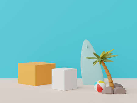 3d render of Abstract minimal  display podium for showing products or cosmetic presentation with summer beach scene. Summer time season for vacation concept.の写真素材