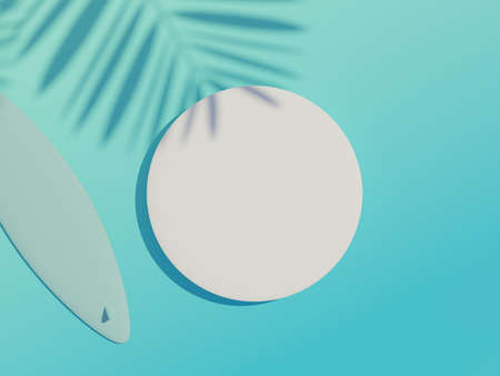3d render top view of white blank cylinder frame for mock up and display products with summer beach scene and shadow of palm leaves. Summer time season background with beach vacation concept.の写真素材