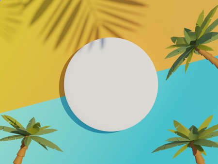 3d render top view of white blank cylinder frame for mock up and display products with summer beach scene and shadow of palm leaves. Summer time season background with beach vacation concept.の写真素材