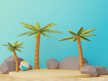 3d render of Abstract minimal  display podium for showing products or cosmetic presentation with summer beach scene. Summer time season for vacation concept.の写真素材
