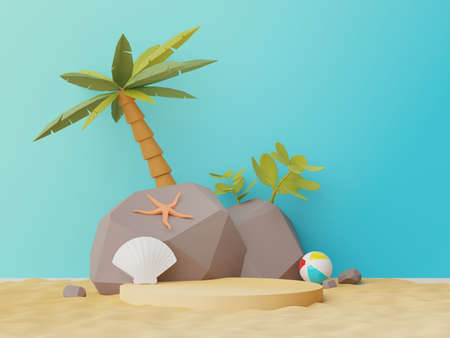 3d render of Abstract minimal  display podium for showing products or cosmetic presentation with summer beach scene. Summer time season for vacation concept.の写真素材