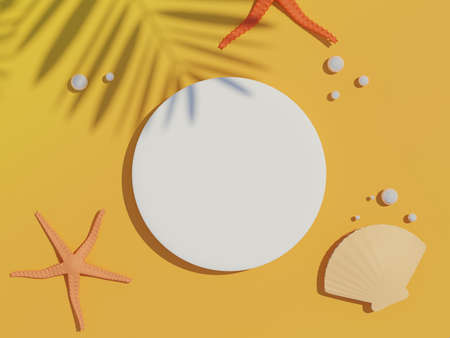 3d render top view of white blank cylinder frame for mock up and display products with summer beach scene and shadow of palm leaves. Summer time season background with beach vacation concept.の写真素材