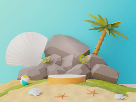 3d render of Abstract minimal  display podium for showing products or cosmetic presentation with summer beach scene. Summer time season for vacation concept.の写真素材