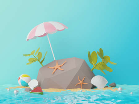 3d render of Abstract minimal  background for showing products or cosmetic presentation with summer beach scene. Summer time season with beach vacation concept.の写真素材
