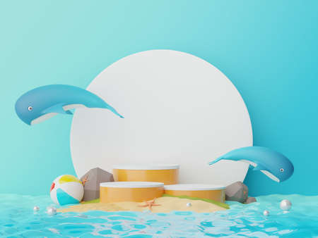 3d render of Abstract minimal  display podium for showing products or cosmetic presentation with summer beach scene. Summer time season for vacation concept.の写真素材