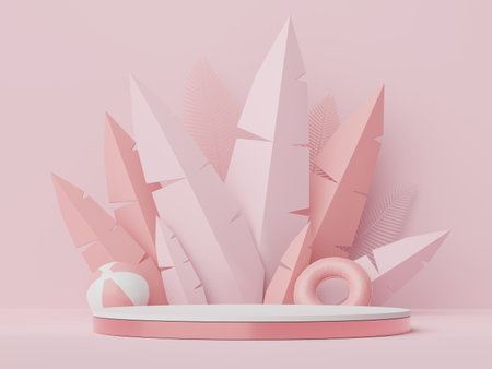 3d render of Abstract minimal  display podium for showing products or cosmetic presentation with summer beach scene. Summer time season for vacation concept.の写真素材
