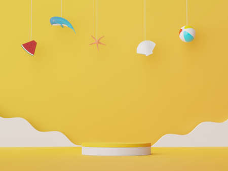 3d render of Abstract minimal  display podium for showing products or cosmetic presentation with summer beach scene. Summer time season for vacation concept.の写真素材