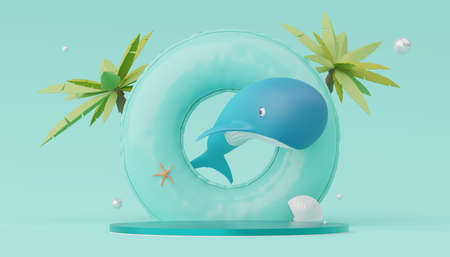 3d render of Abstract minimal  display podium for showing products or cosmetic presentation with summer beach scene. Summer time season for vacation concept.の写真素材