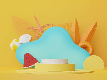 3d render of Abstract minimal  display podium for showing products or cosmetic presentation with summer beach scene. Summer time season for vacation concept.の写真素材