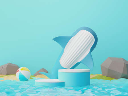3d render of Abstract minimal  display podium for showing products or cosmetic presentation with summer beach scene. Summer time season for vacation concept.の写真素材