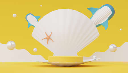 3d render of Abstract minimal  display podium for showing products or cosmetic presentation with summer beach scene. Summer time season for vacation concept.の写真素材