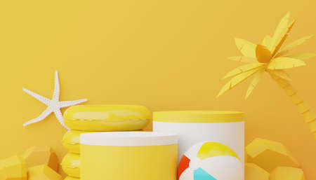3d render of Abstract minimal  display podium for showing products or cosmetic presentation with summer beach scene. Summer time season for vacation concept.の写真素材
