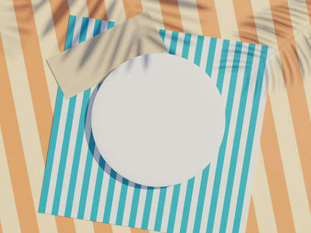 3d render top view of white blank cylinder frame for mock up and display products with summer beach scene and shadow of palm leaves. Summer time season background with beach vacation concept.の写真素材