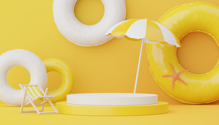 3d render of Abstract minimal  display podium for showing products or cosmetic presentation with summer beach scene. Summer time season for vacation concept.の写真素材