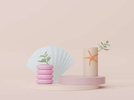 3d render of minimal display podium with summer season background concept. Minimalist pedestal.の写真素材