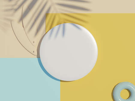 3d render top view of white blank cylinder frame for mock up and display products with shadows of palm leaves with summer background. Creative idea concept.の写真素材
