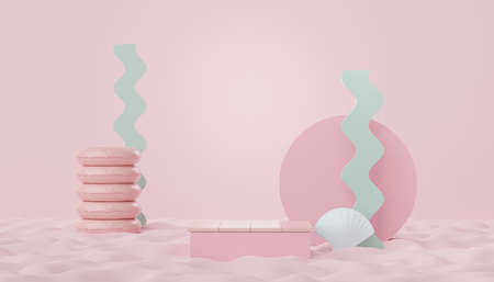 3d render of minimal display podium with summer season background concept. Minimalist pedestal.の写真素材