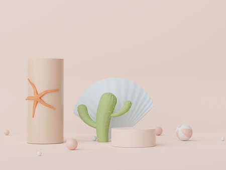 3d render of minimal display podium with summer season background concept. Minimalist pedestal.の写真素材