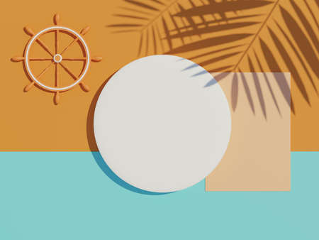 3d render top view of white blank cylinder frame for mock up and display products with shadows of palm leaves with summer background. Creative idea concept.の写真素材