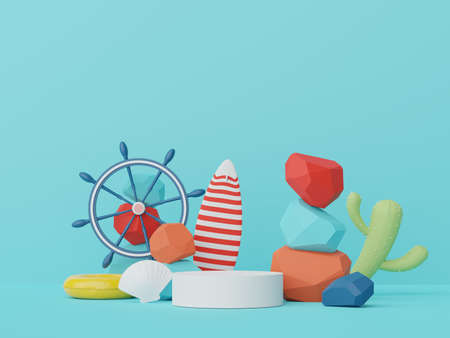 3d podium stand for product presentation with summer concept. Pedestal platform for cosmetic advertising.の写真素材