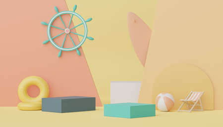 3d podium stand for product presentation with summer concept. Pedestal platform for cosmetic advertising.の写真素材