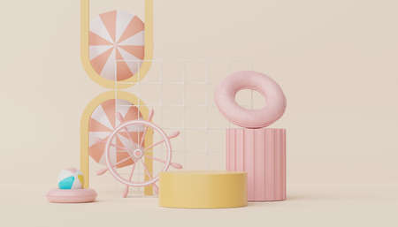 3d podium stand for product presentation with summer concept. Pedestal platform for cosmetic advertising.の写真素材