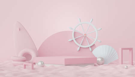 3d podium stand for product presentation with summer concept. Pedestal platform for cosmetic advertising.の写真素材