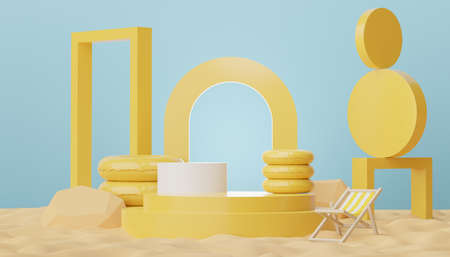 3d podium stand for product presentation with summer concept. Pedestal platform for cosmetic advertising.の写真素材