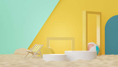 3d podium stand for product presentation with summer concept. Pedestal platform for cosmetic advertising.の写真素材
