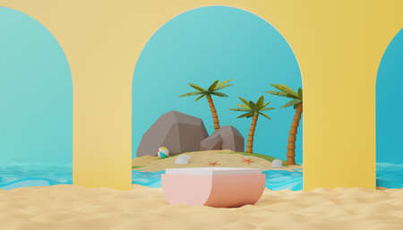 3d podium stand for product presentation with summer concept. Pedestal platform for cosmetic advertising.の写真素材