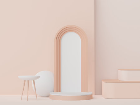 3d render of Abstract minimal  display podium for showing products, cosmetic presentation and mock up. Showcase scene with pastel earth tone background.の写真素材