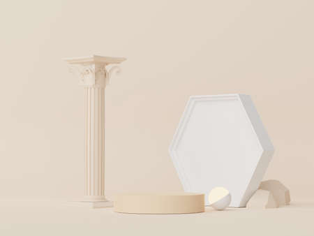 3d render of Abstract minimal  display podium with Greek Ancient baroque pillar background. Pedestal...