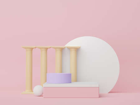 3d render of Abstract minimal  display podium with Greek Ancient baroque pillar background. Pedestal design for mock up and product presentation.の写真素材