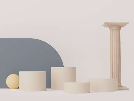 3d render of Abstract minimal  display podium with Greek Ancient baroque pillar background. Pedestal design for mock up and product presentation.の写真素材
