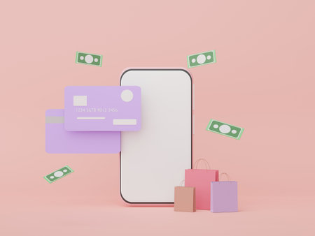 3d render Minimal mini mobile phone or smartphone with credit cards. Money concepts financial planning. Online shopping. Wealth management franchises. Cashless societyの写真素材