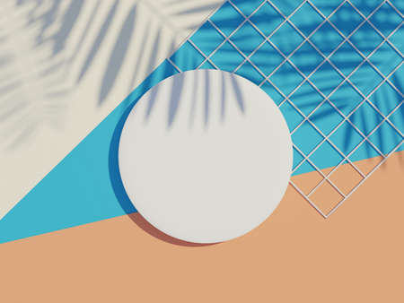 3d render top view of white blank cylinder frame for mock up and display products with shadows of palm leaves and earth tone background. Creative idea concept.の写真素材
