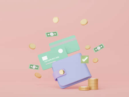 3d render Minimal wallet that around with floating gold coins . Money concepts financial planning. Online shopping. Wealth management franchises.の写真素材