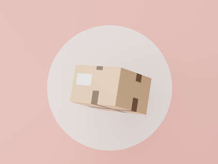 3d render of parcel cardboard on white circle for mock up and creative design. Shopping online concept. Online delivery concept with pastel background. Packaging for expressの写真素材
