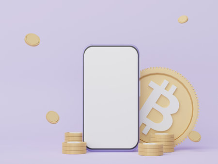 3d render Minimal mini mobile phone or smartphone for work with white copy space and cryptocurrency bitcoin for mock up and web banner.の写真素材