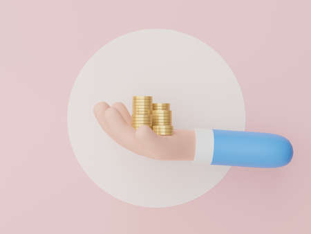3d render of had holding golden coins stack in saving money for goal Concept. Minimal pastel scene.の写真素材