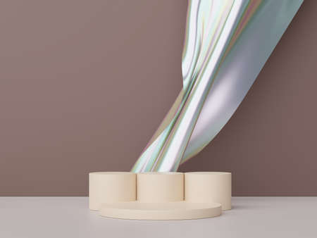 3d render of minimal display podium with metallic cloth design for mock up and product presentation. Pedestal stage with pastel color scene.の写真素材