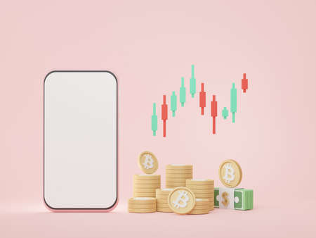 3d render Minimal mini mobile phone or smartphone for work with white copy space and cryptocurrency bitcoin for mock up and web banner. Investment managementの写真素材